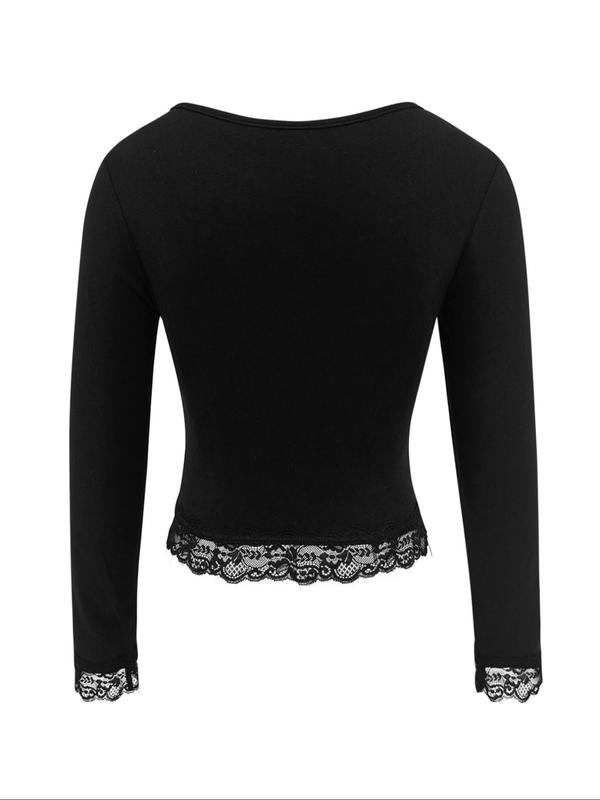Women's Solid Contrast Lace Scallop Hem Scoop Neck Tee, Casual Long Sleeve Thickened T-shirt for Fall & Winter, Women's Clothing for Daily Wear
